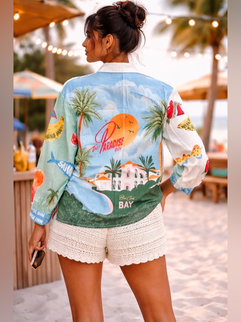 Summer Paradise Tropical Print Linen Blend Button Up Shirt | Oversized S - Picture 3 of 13